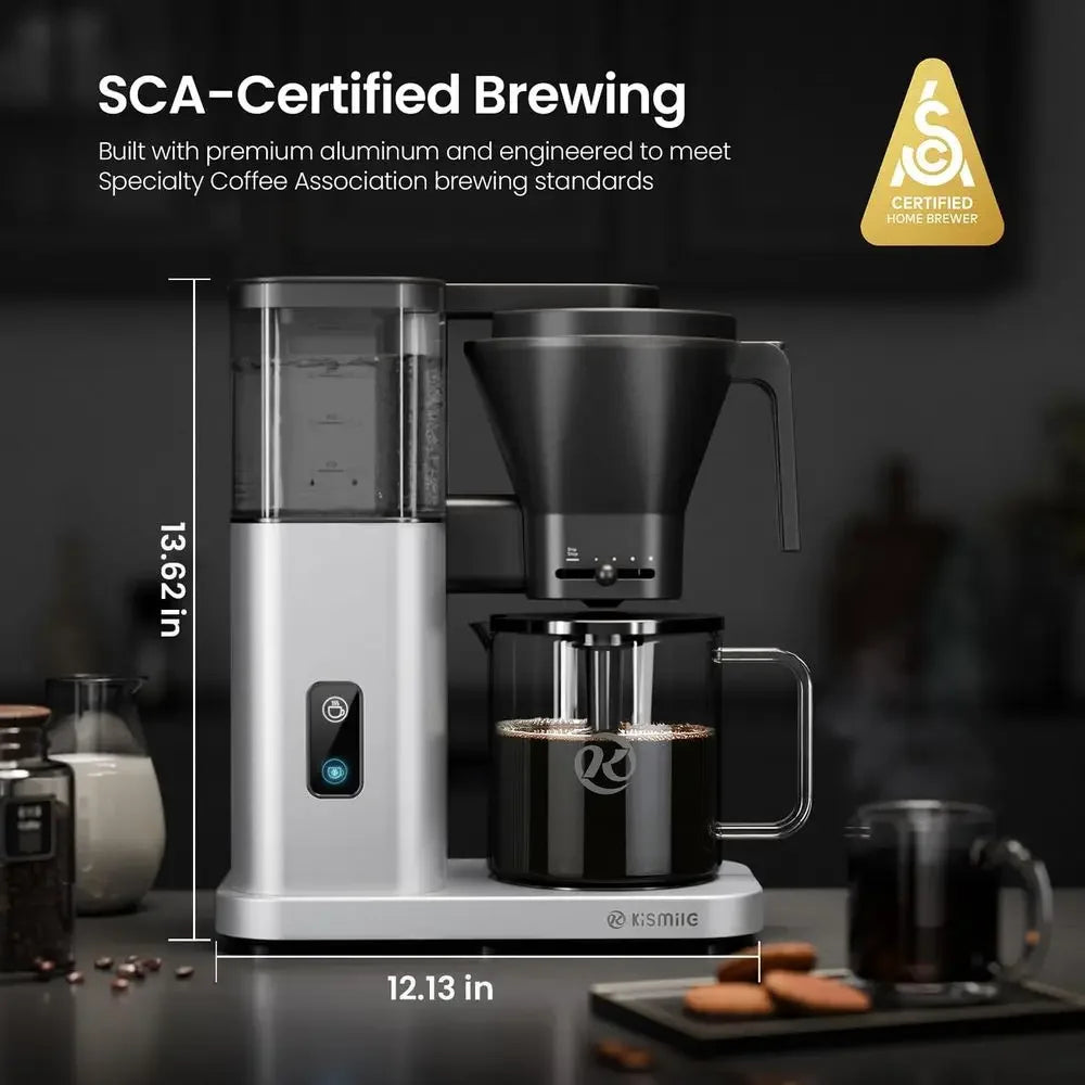 KiSMilE 8-Cup Drip Coffee Maker with Pour Over, 197-205℉ Heat Control, Removable Tank, Cold Brew & 40 Min Warming (Silver)