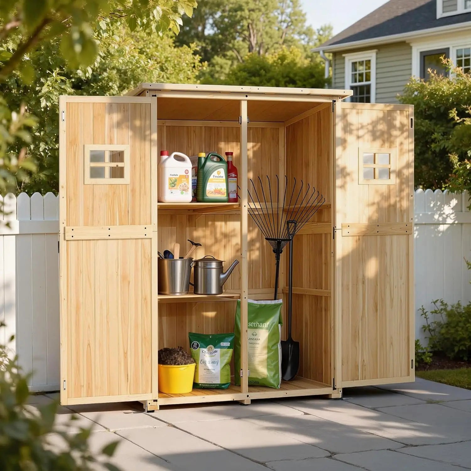 Large Wooden Outdoor Storage Cabinet 2 Shelves Lockable Garden Tool Shed Patio Yard Lawn 1911 Beige,Customized