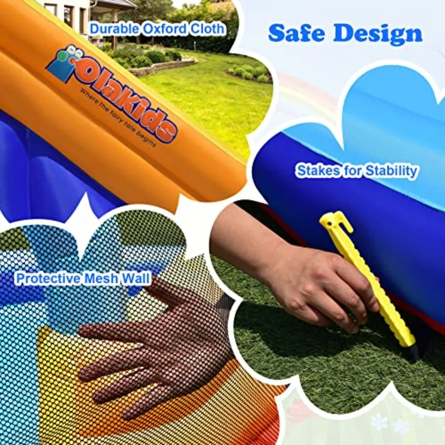 OlaKids Outdoor inflatable water slide for backyard use PVC material blue and gray 14FT x 10FT x 8.5FT shark theme with splash pool, stairs & water cannon