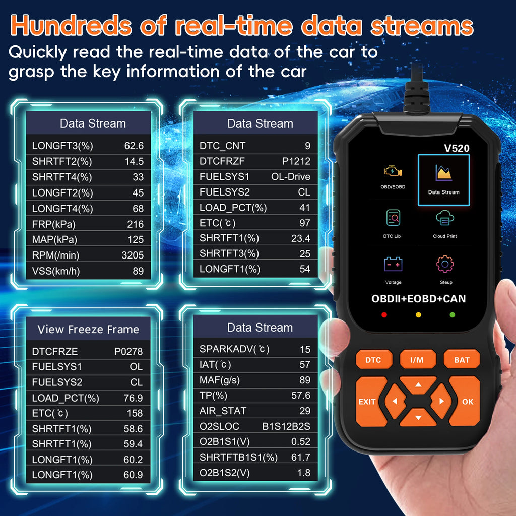 V520 OBD2 Scanner Diagnostic Tool Code Reader for All OBDII Cars | Read & Clear Engine Codes, Live Data Stream, Battery Test, I/M Readiness, O2/EVAP Test, OBDII/EOBD