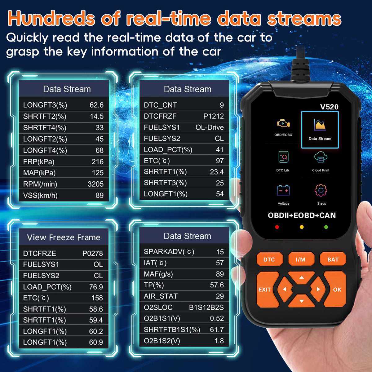 V520 OBD2 Scanner Diagnostic Tool Code Reader for All OBDII Cars | Read & Clear Engine Codes, Live Data Stream, Battery Test, I/M Readiness, O2/EVAP Test, OBDII/EOBD