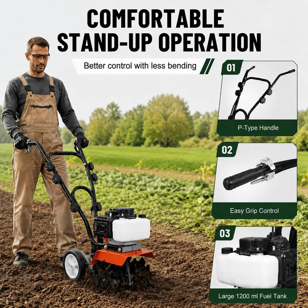 HiMiss 52CC Gas Garden Tiller Cultivator, 4 Tine Soil Rototiller With Adjustable Depth, 11.8in Width, Wheels For Lawn Field Flower Bed