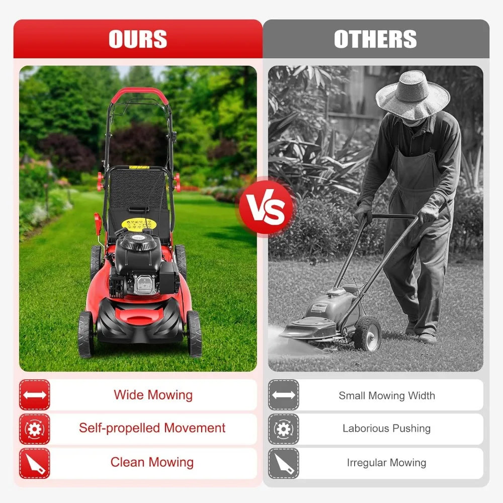 140cc 4-Stroke Self-Propelled Gas Lawn Mower, 20.5in High Wheel RWD, With Bag, Adjustable Height