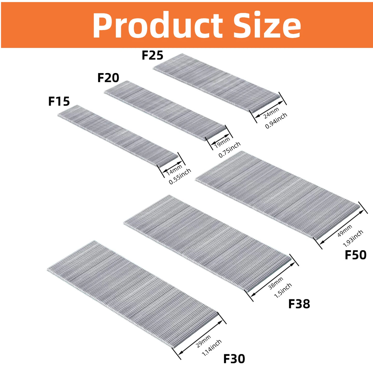 UULMERA 1498PCS 18 Gauge Brad Nails, F15/F20/F25/F30/F38/F50 Galvanized Nail Gun Nails for Pneumatic, Electric Brad Nailer Gun