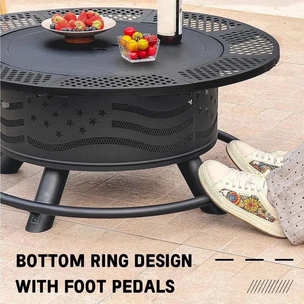 36 Inch Fire Pit with 2 Cooking Grates, Outdoor Wood Burning BBQ Grill Firepit Bowl with Cover Lid, Steel Round Table for Backya