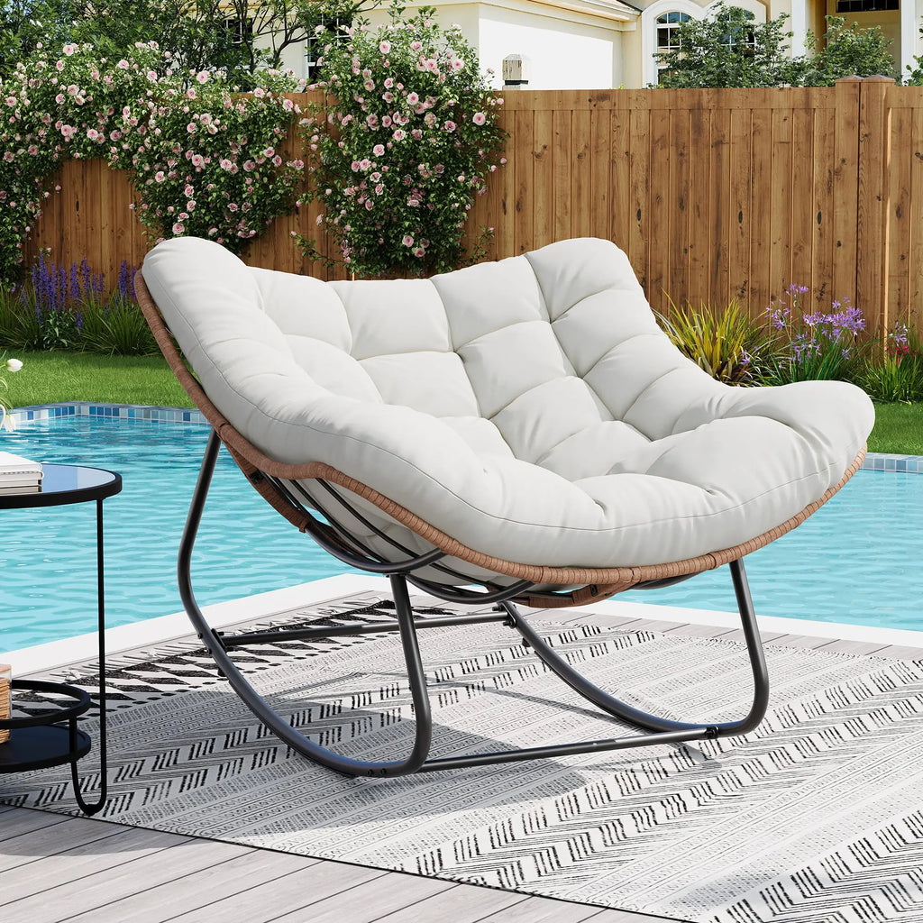 Oversized Outdoor Rocking Chair, Metal And PE Rattan Frame With Cushion, 400LBS Capacity Gentle 30 Degree Rocking Comfort, Ideal For Patio Garden Or Living Room