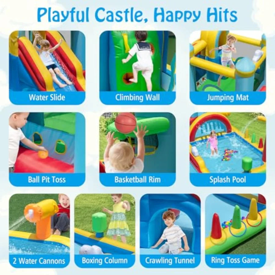 YAO HUI HUANG Outdoor inflatable water slide combo for kids: PVC material blue and yellow mega splash pool + long wet slide + bouncy castle d