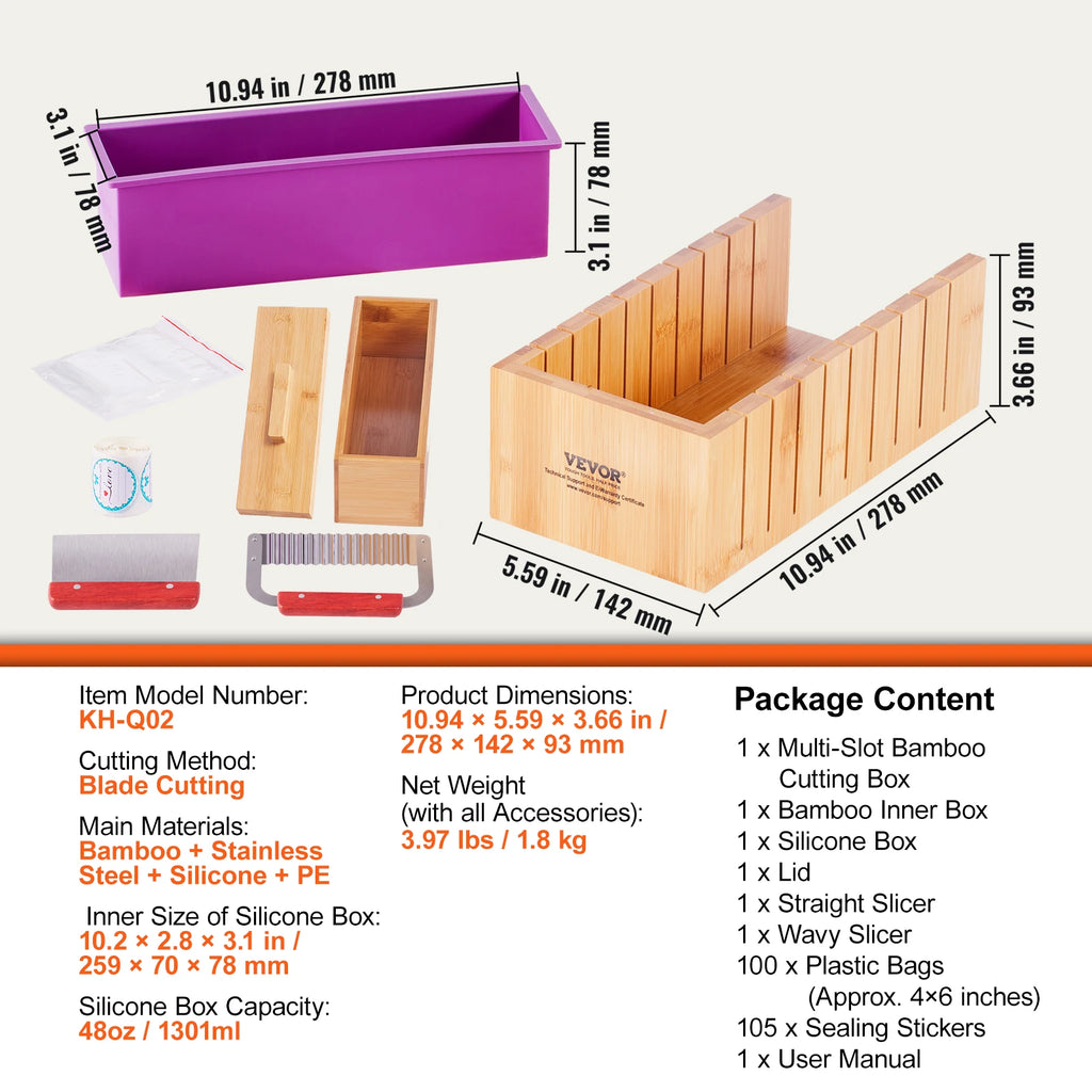 SucceBuy Soap Making Kit, Bamboo Cutting Box and Inner Box with Silicone Mold, 304  Stainless Steel Straight Cutter and Wavy Cutter