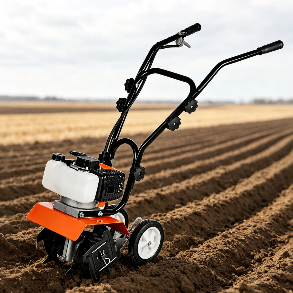 HiMiss 52CC Gas Garden Tiller Cultivator, 4 Tine Soil Rototiller With Adjustable Depth, 11.8in Width, Wheels For Lawn Field Flower Bed