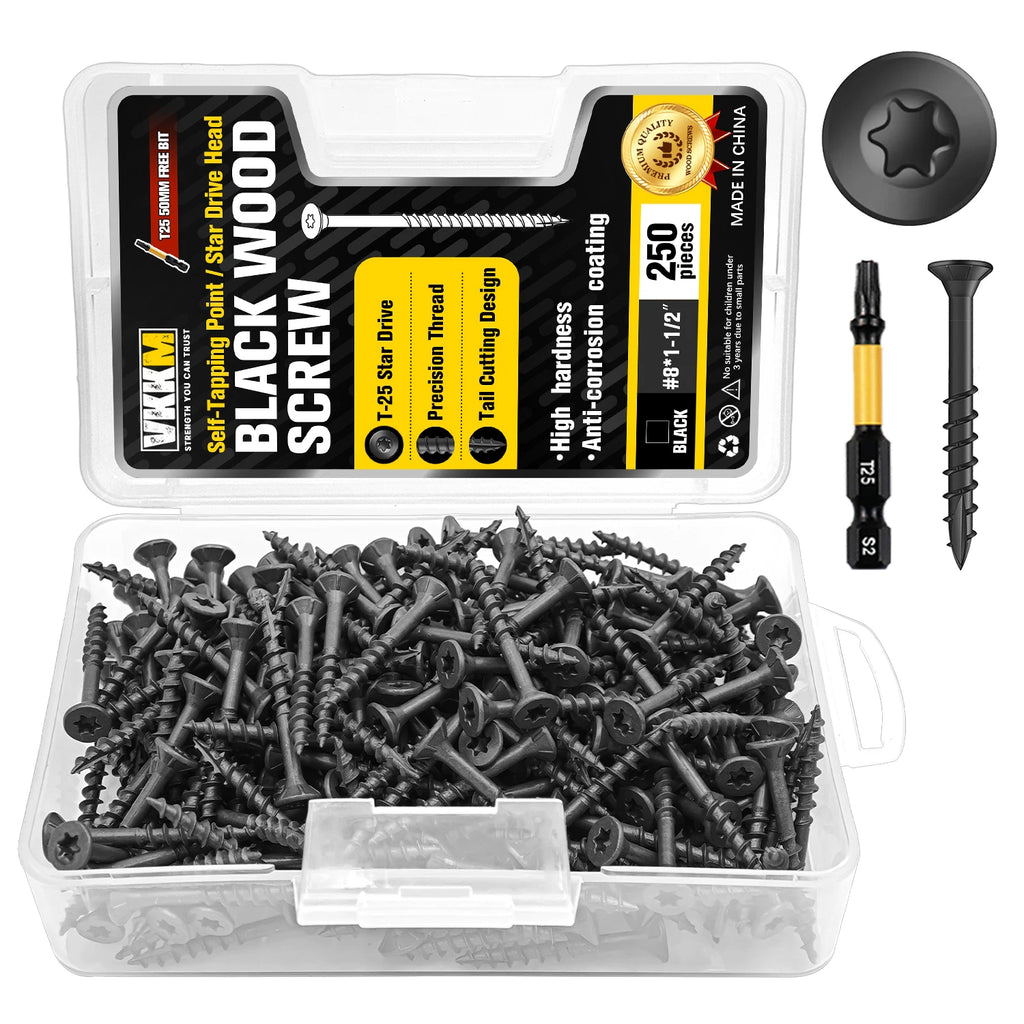 VKKM 250Pcs Black Wood Screws #8x1.5", T25 Star Drive Self Tapping with 50mm Free Bit, Heavy Duty Anti-Rust for Deck Furniture Woodworking DIY