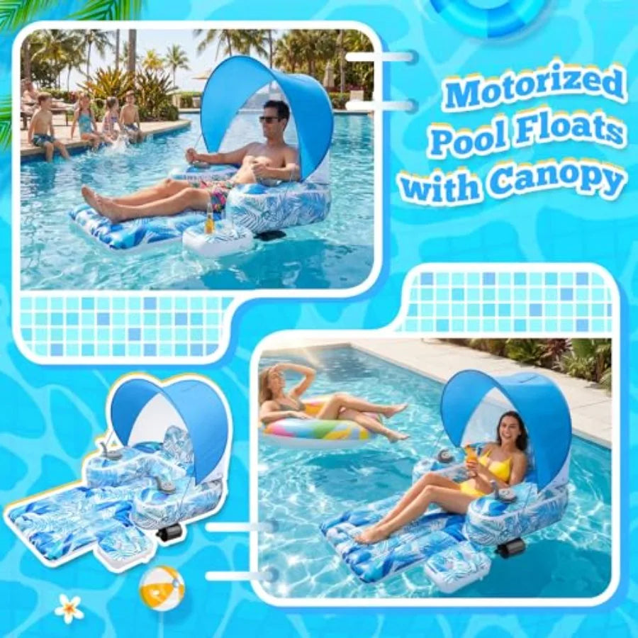 Yao Hui Huang Motorized Pool Float for Adults: PVC Navy Blue Detachable Canopy Dual Thrusters for Smooth Pool Lake Backyard Use