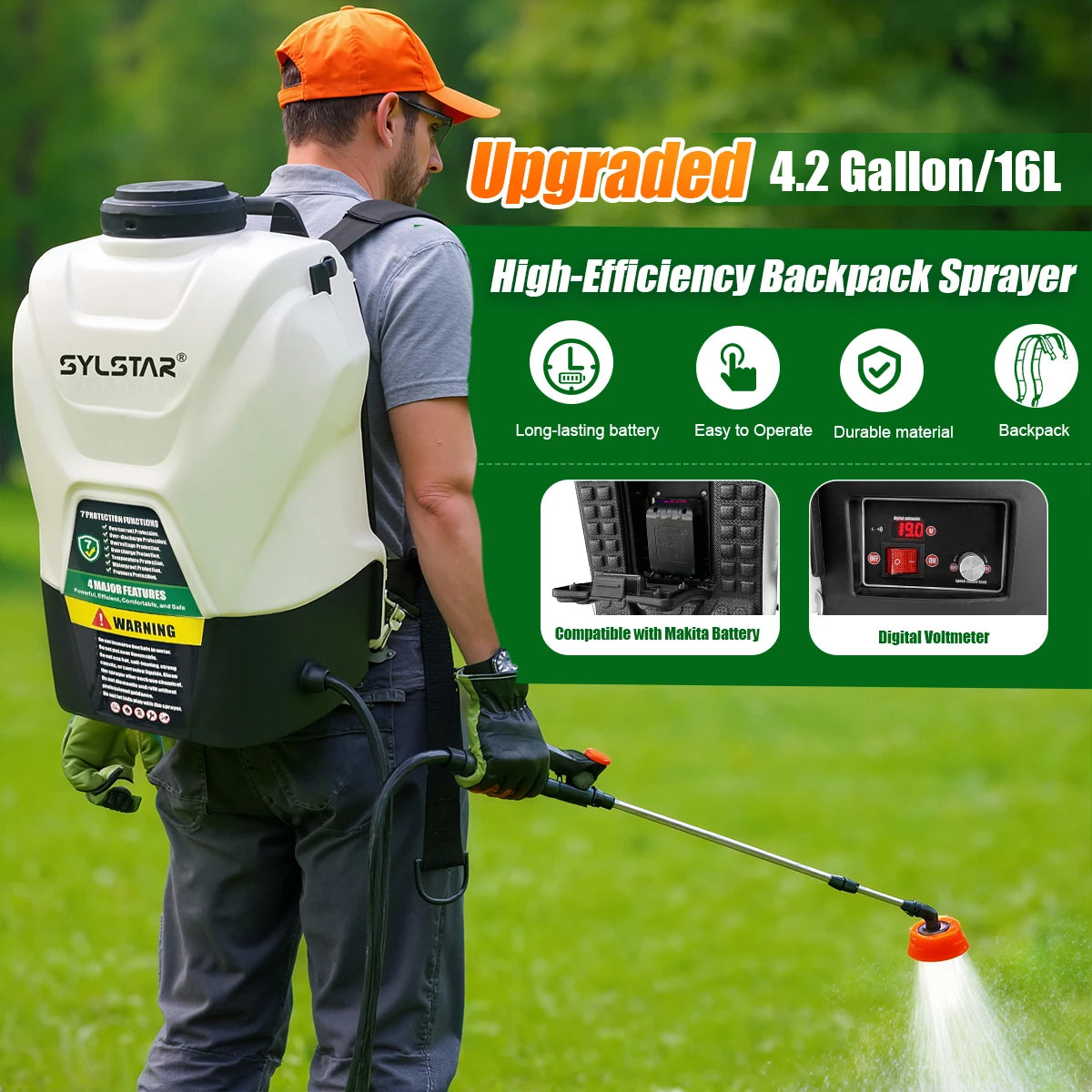SYLSTAR 4.2 Gallon Backpack Sprayer Cordless, 100 PSI Electric Garden Sprayer Works with Makita 18V Battery, Weed Lawn Yard Sprayer