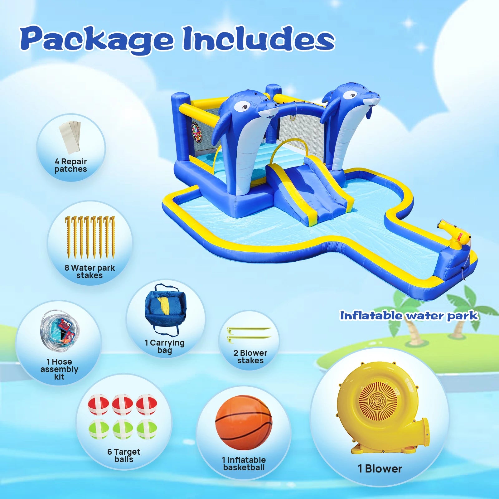8 in1 Inflatable Slide Water Park Trampoline Bouncing House Outdoor Garden With Dolphin Sprinkler Target Games Water Gun Basketball