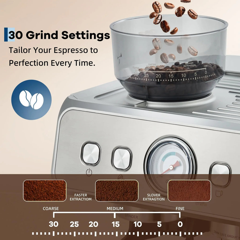 HiMiss Espresso Machine With Grinder 20 Bar Stainless Steel Pressure Maker Featuring Removable 2.8L Water Tank Adjustable Shot Volume Professional For Home Barista And Office