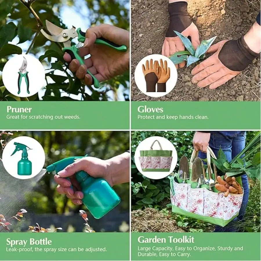 Gardening Tools 9-Piece Heavy Duty Gardening Hand Tools With Fashion And Durable Garden Tools Organizer Handbag, Ideal Gardening Gifts For Women,Rust-Proof Garden Tool Set