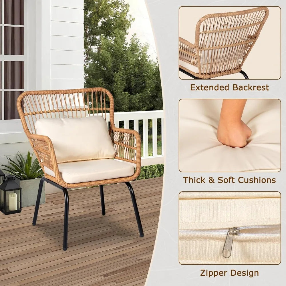 3 Piece Outdoor Wicker Bistro Set, Patio Conversation Set, 2 Large Rattan Chairs W/Tempered Glass Table, Patio Furniture
