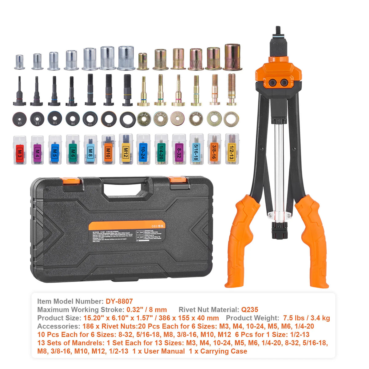 SucceBuy Rivet Nut Tool Rivnut Tool Kit Metric and SAE Mandrels 70PCS/186PCS Rivet Nuts With Rugged Carrying Case