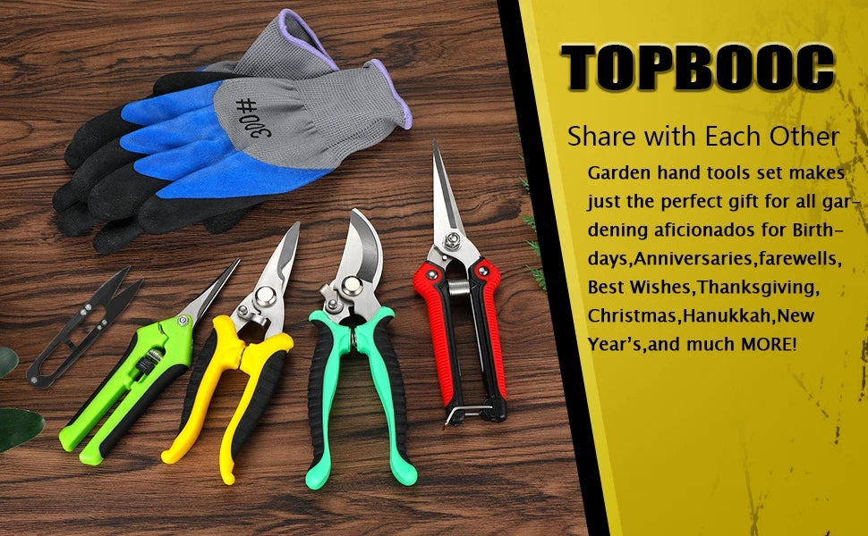 TOPBOOC 5Pcs Garden Pruning Shears Set, Labor-saving for Trimming Branches with Gloves & Storage Bag