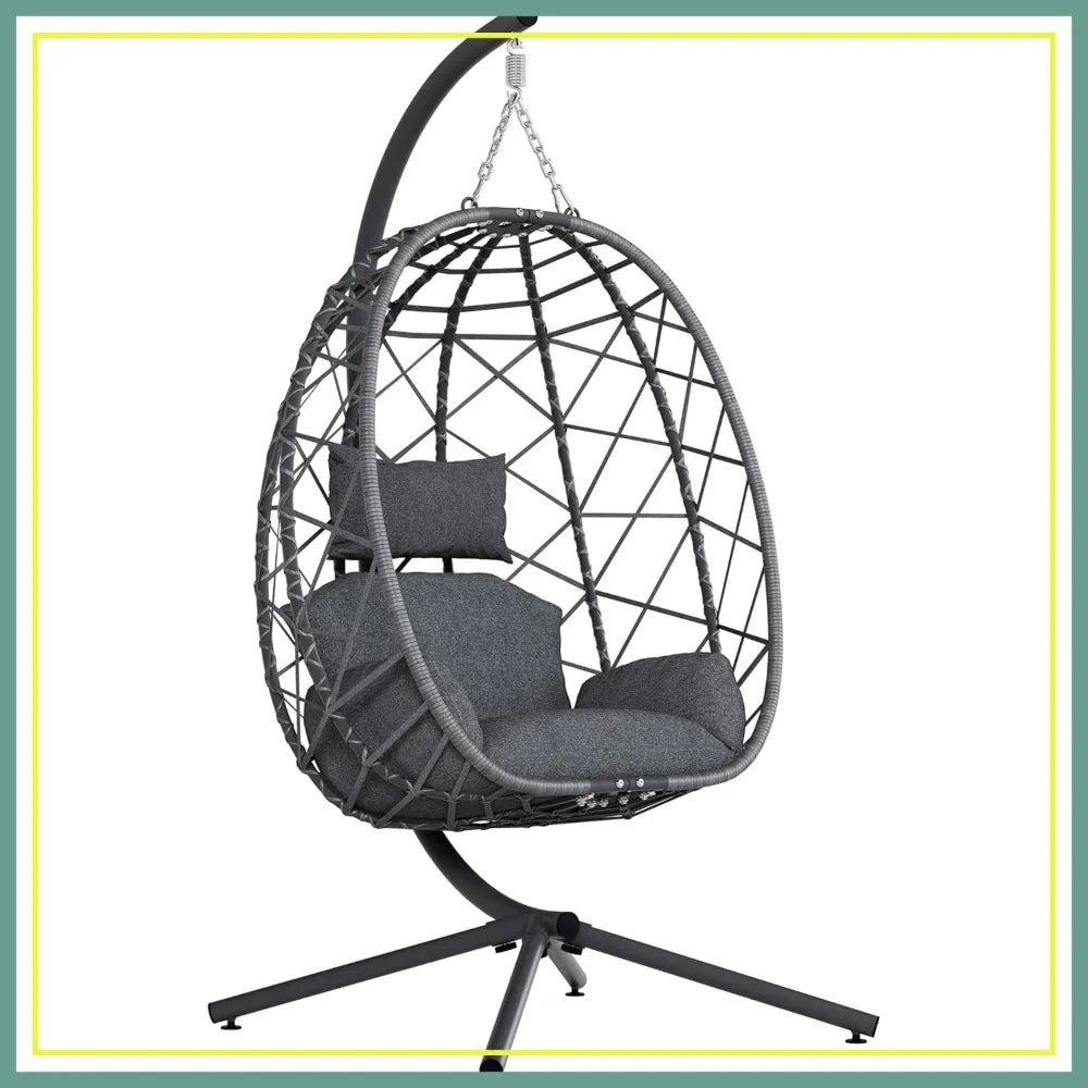 Hanging Egg Chair with Stand, Outdoor Rattan Wicker Swing with Cushion, Heavy Duty Patio Hammock for Garden, 400LBS Capacity