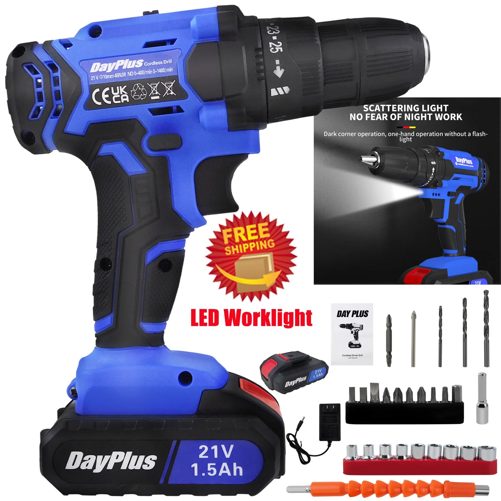 21V Cordless Power Drill, Bits Included, 25+1 Torque Setting, 1.5mAh Li-ion Battery & Fast Charger, 2-Gear Drill