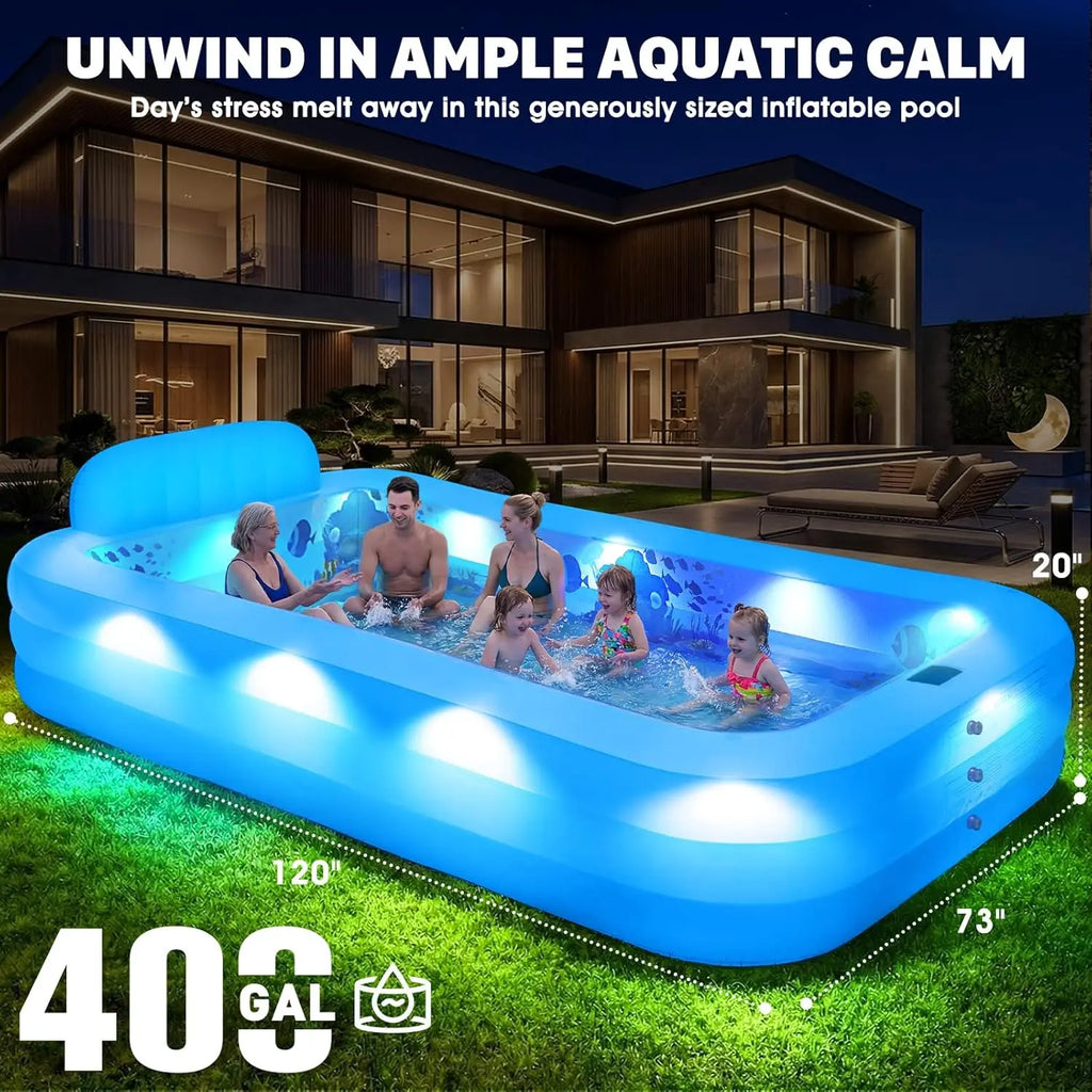 120x73x20in Inflatable Pool with Solar LED Lights, 3D Ocean Theme, for Adults & Kids