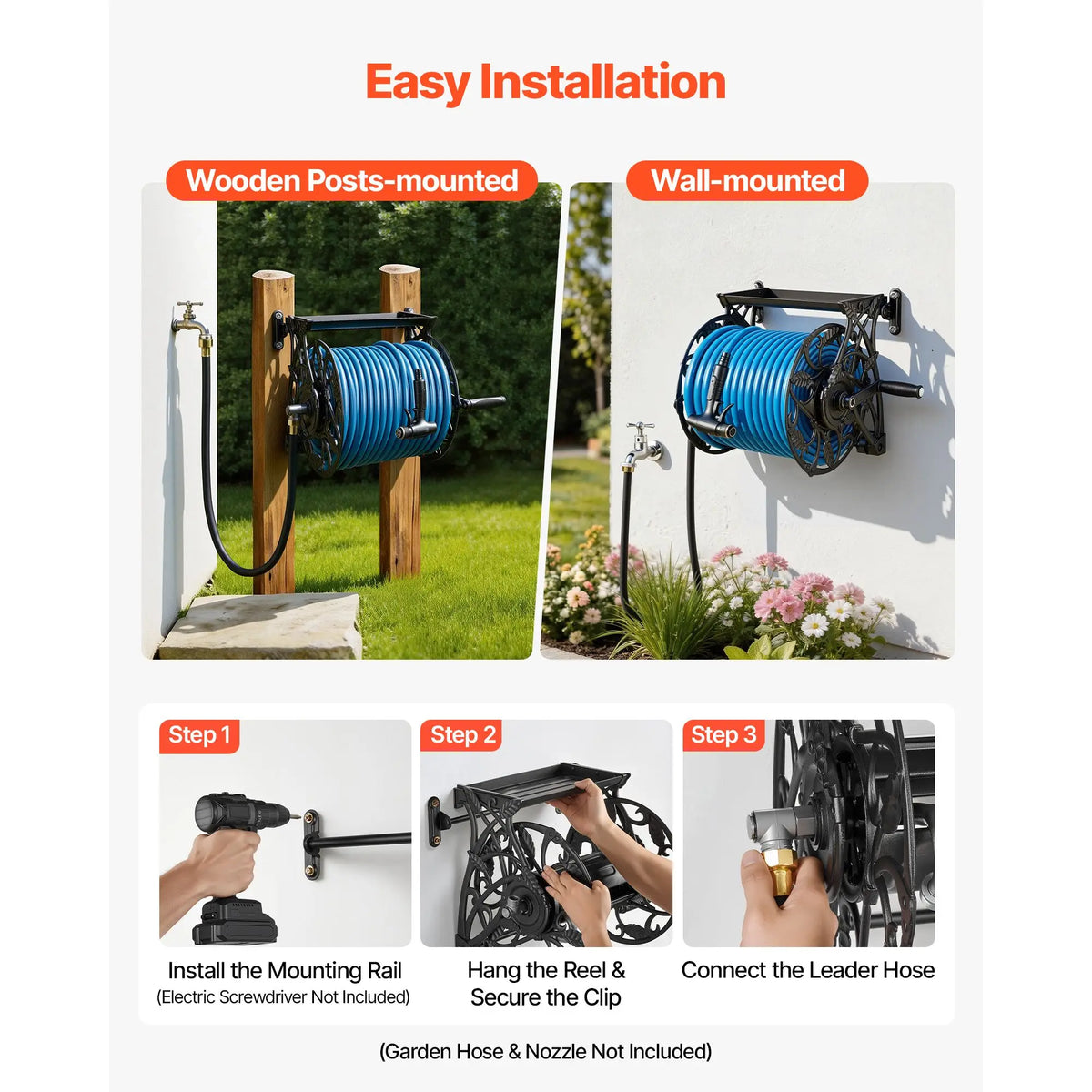 Wall Mounted Garden Hose Reel, Holds 135 Feet of 5/8-inch Hose, Outdoor Heavy-Duty Waterhose Holder Winder, with Widened Top Tray, Aluminum Alloy Connector, Decorative Pattern, for Backyards