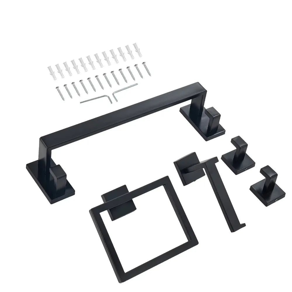 Matte Black Bathroom Hardware Set 5 Pieces Stainless Steel Towel Bar Rack 16 Inch Towel Holder 2 Robe Hooks Toilet Paper Holder Wall Mounted Bathroom Accessories