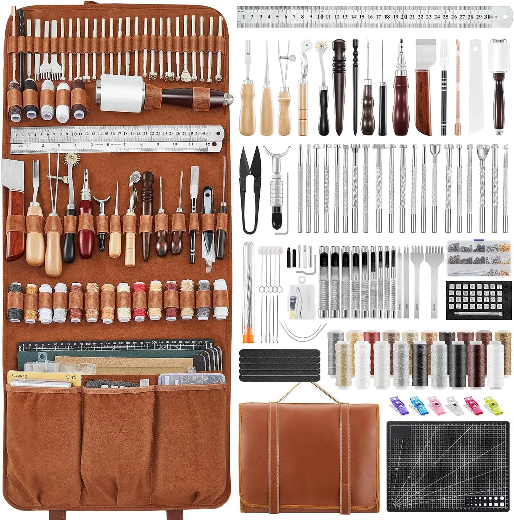 Sakerneo Leather Working Tools kit Max Version with Custom Handbag Cutting Mats Engraving Punching Sewing Stamping Sanding Tools for Handicraft Work, Repair