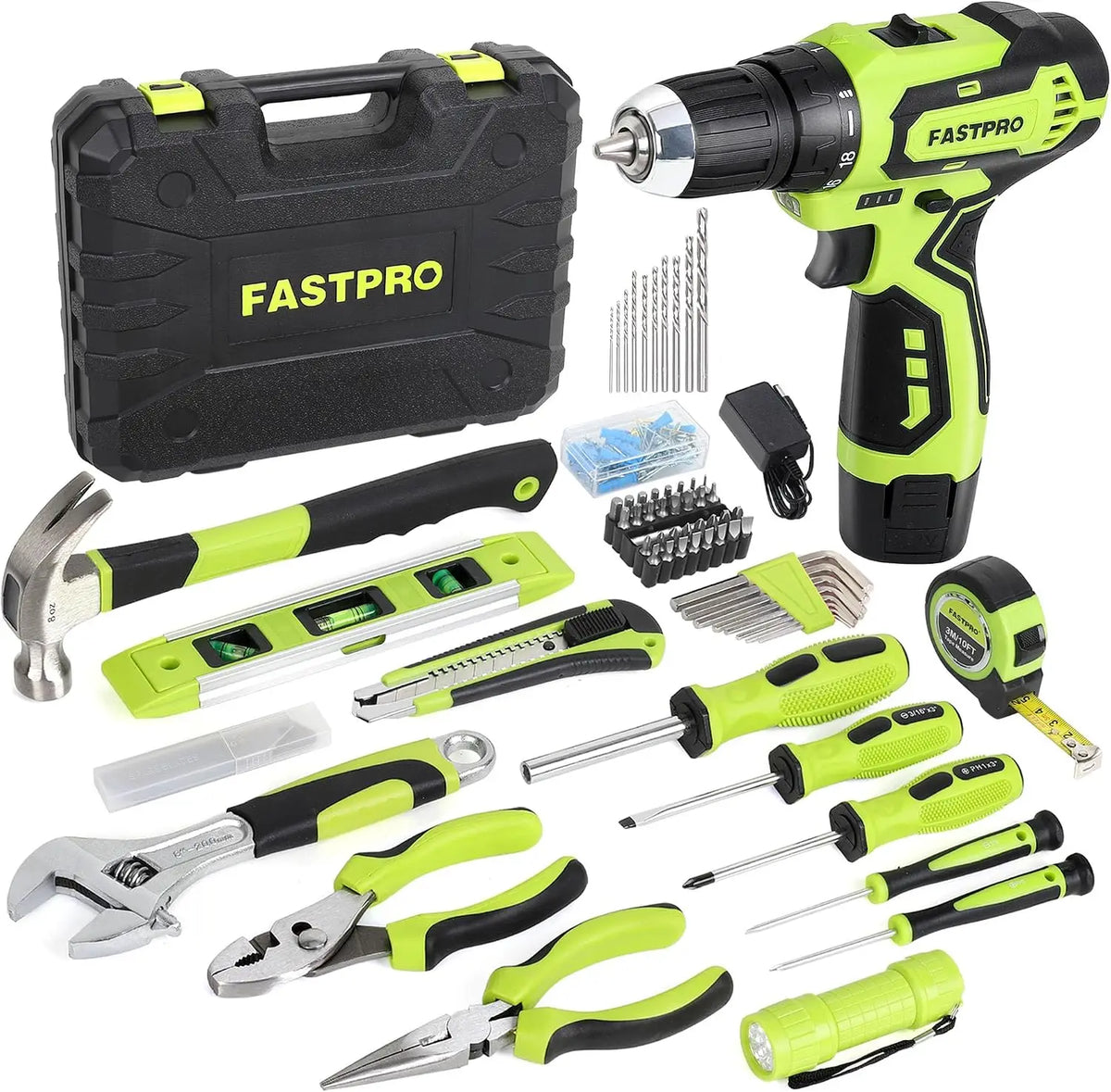 12V Cordless Drill Set, Home Tool Kit with Tool Box, Green - 19+1 Clutch, 2-Speed