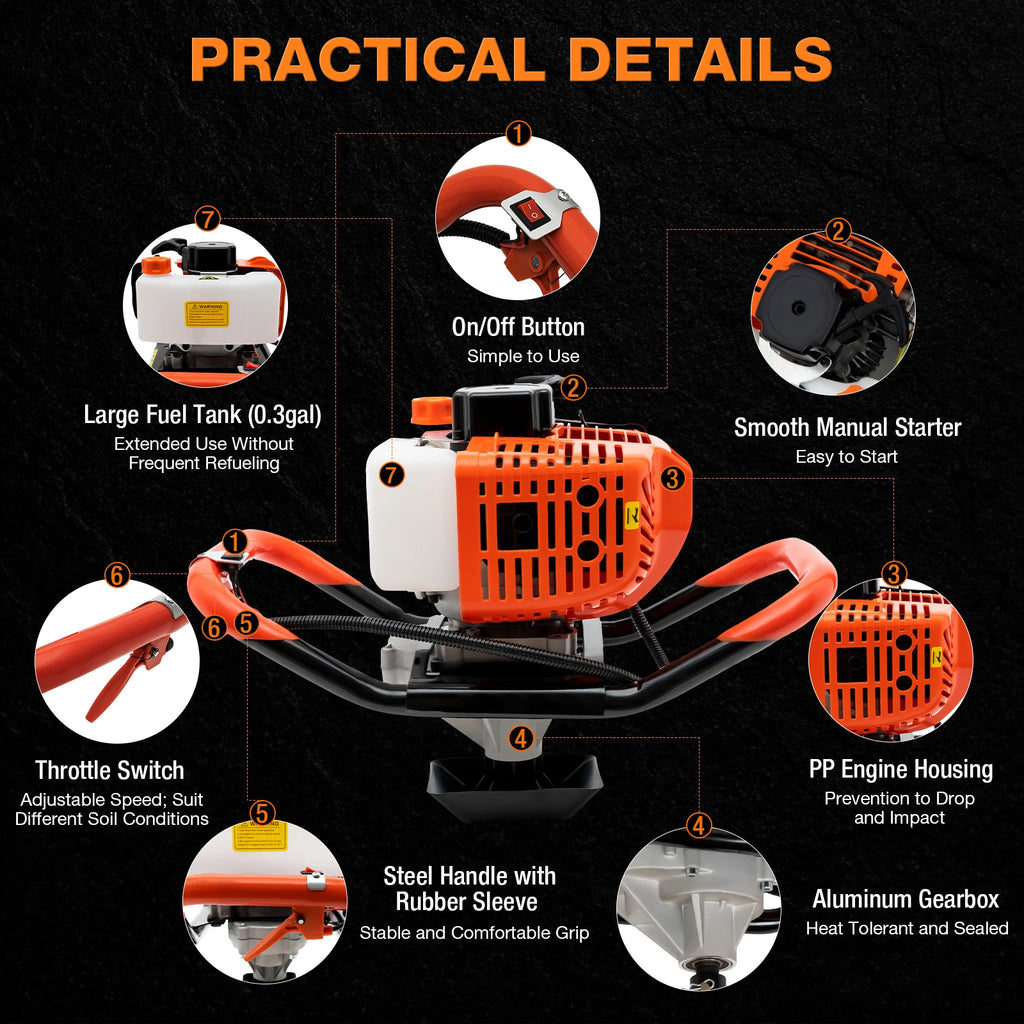52cc Earth Auger Garden Power Floor Drill 2 Stroke Petrol Post Drill 3 Bits for Fence Post Hole Digger