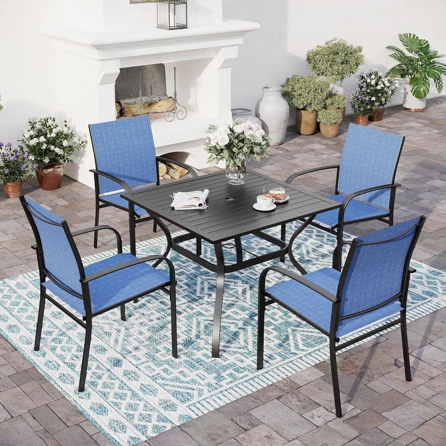 SUNSHINE VALLEY 5/9 Piece Patio Dining Set, Square Table with Umbrella Hole, 4 Metal Brown Chairs, Outdoor Table Chairs Set