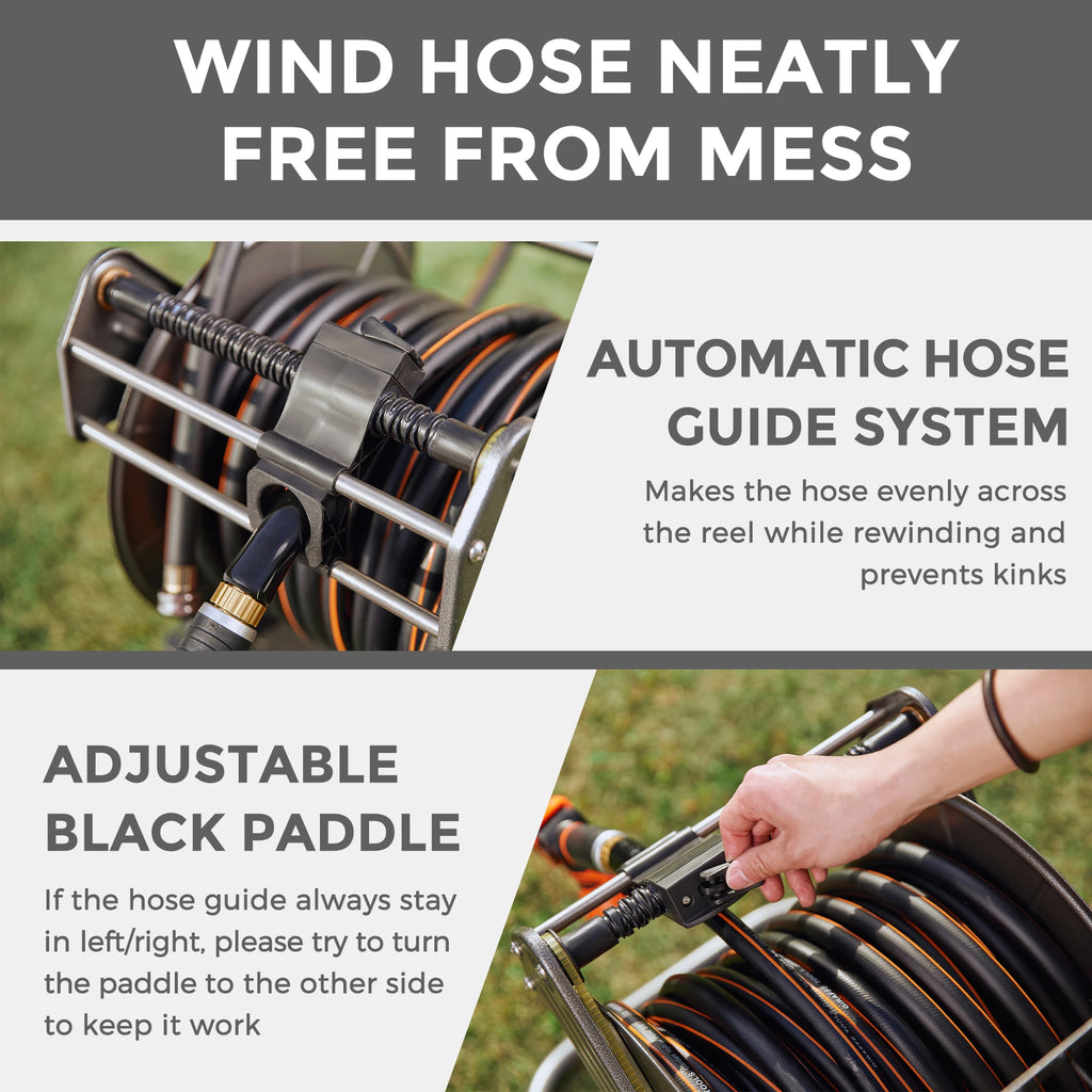 Giraffe Tools Garden Hose Reel Cart with Wheels, Heavy Duty Metal Water Hose Reel Cart, 200 ft of 1/2 Capacity, Mobile Hose Reel Cart for Outside