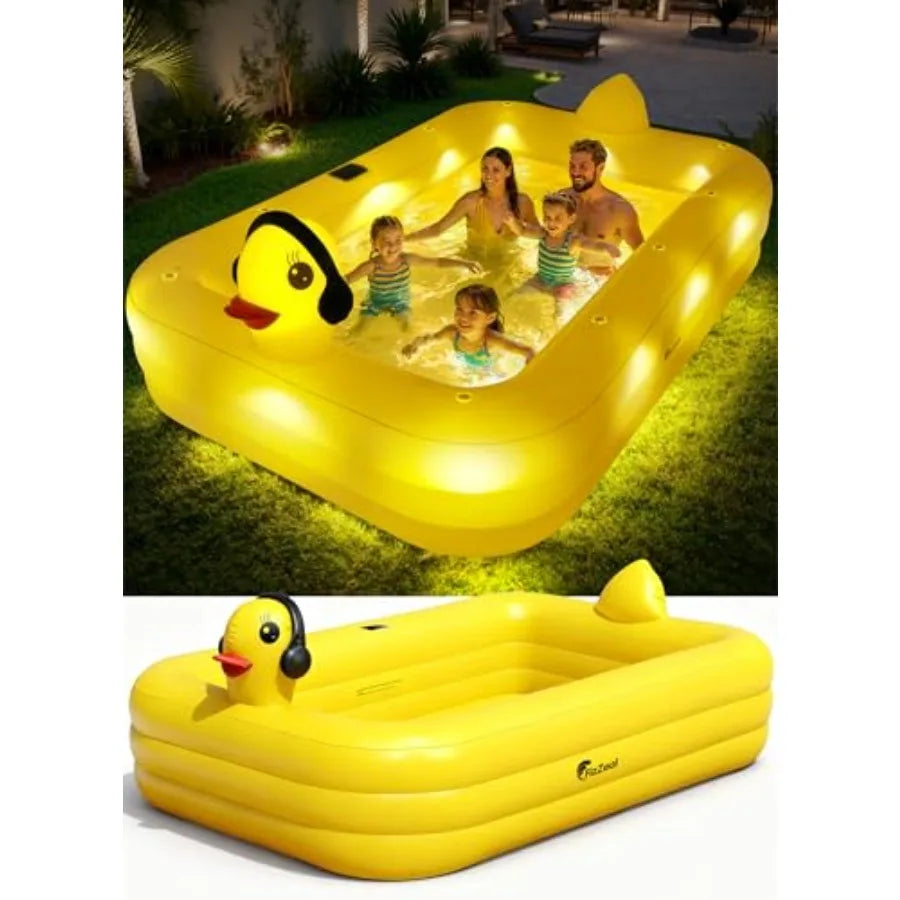 FizZeal Backyard inflatable pool for kids and adults PVC material blue solar-powered lights durable thickened design 100"x63"x22"