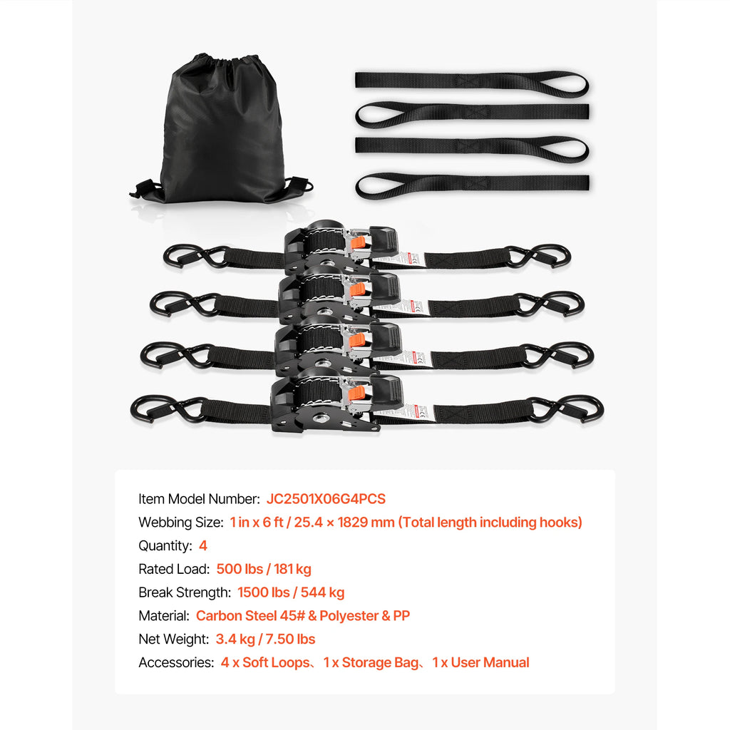 SucceBuy 4 Pack 1in x 6ft Retractable Ratchet Straps Tie Down Straps with S Hooks Tie Down Ratcheting for Moving Trailers