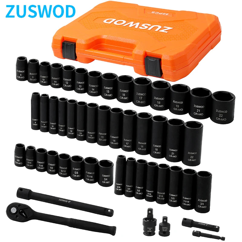 Zuswod Ratchet wrench impact socket tool set, 3/8-inch drive impact  Socket tool set, CR-V material, high-end professional car repair tool set, one-stop solution for home car, motorcycle, bicycle and other repair projects, pr