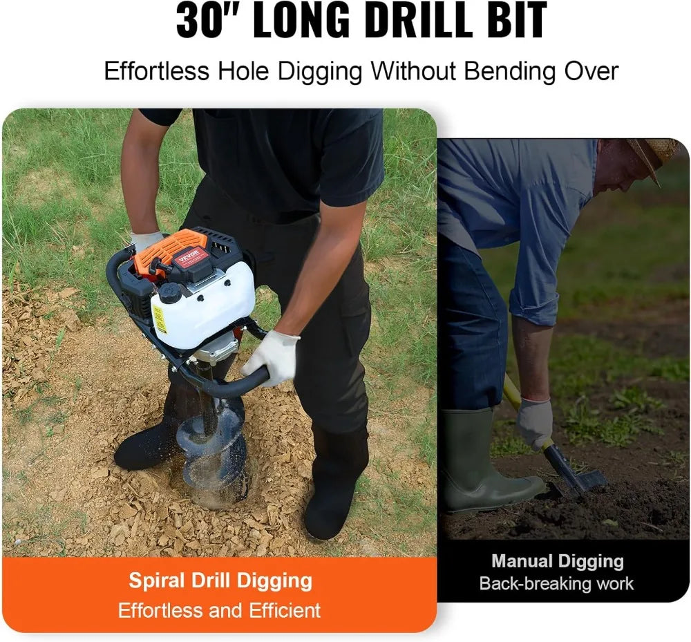 52cc Gas Powered Post Hole Digger 1450W Earth Auger 8" Drill Bit Extension Rod Farm Garden Tool EPA