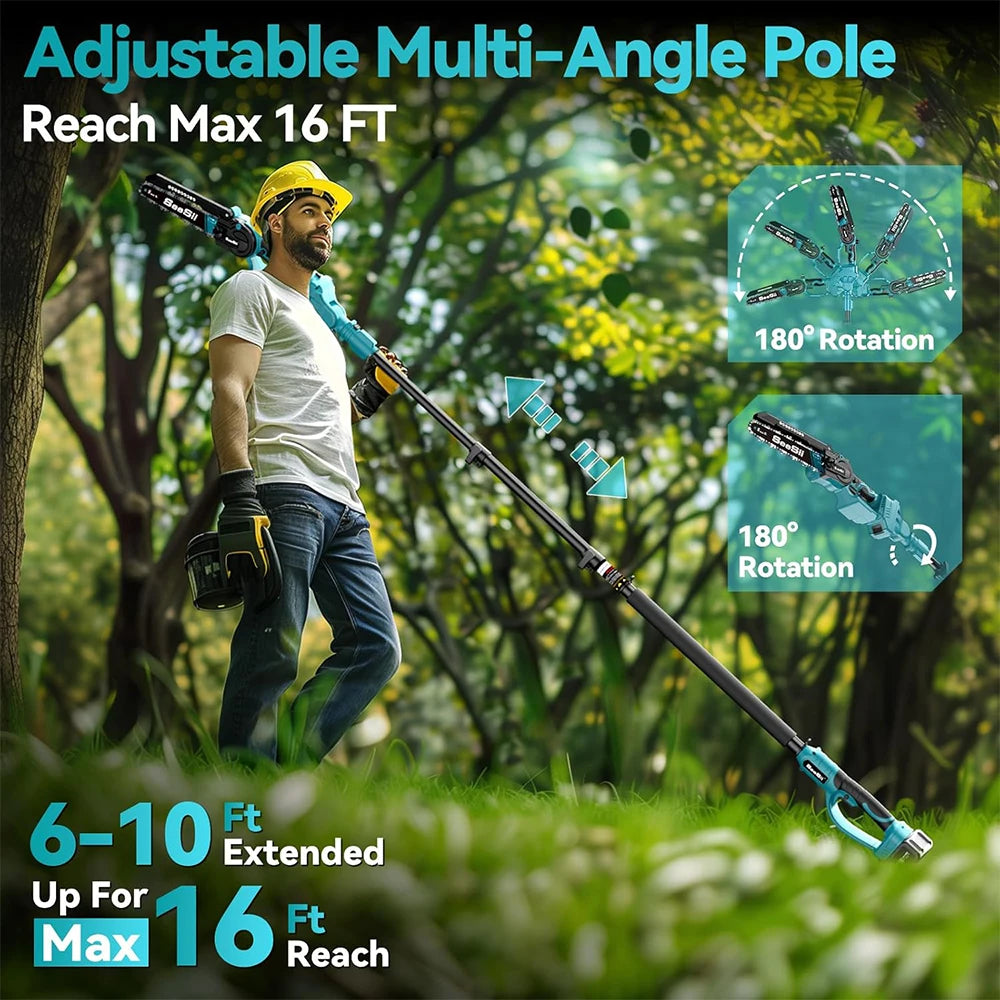 Polesaw High Branch Saw, Cordless 8'' Chainsaw, 3M Extension Pole. 2 x 21 Volt Batteries & Charger