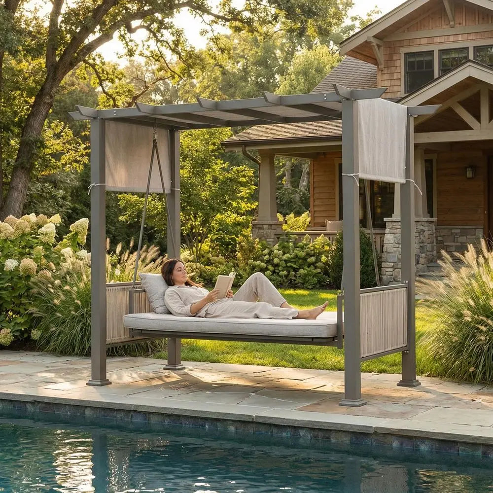 Seat Pergola Swing Bench, 2in1 Porch Swing Bed, Garden Swing Adjustable UV Canopy amp Curtains, Olefin Cushions, 330 lb Seat, R