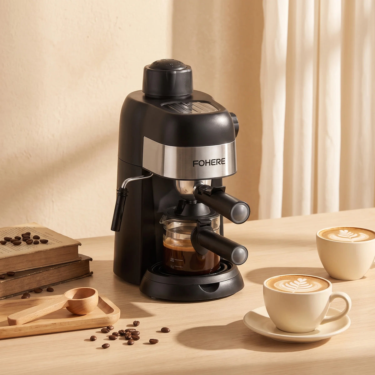 Fohere Steam Espresso Machine, 3.5 Bar 4 Cup, Professional Compact Espresso and Cappuccino Maker with Milk Frother and Carafe for Coffee, Latte and Mocha