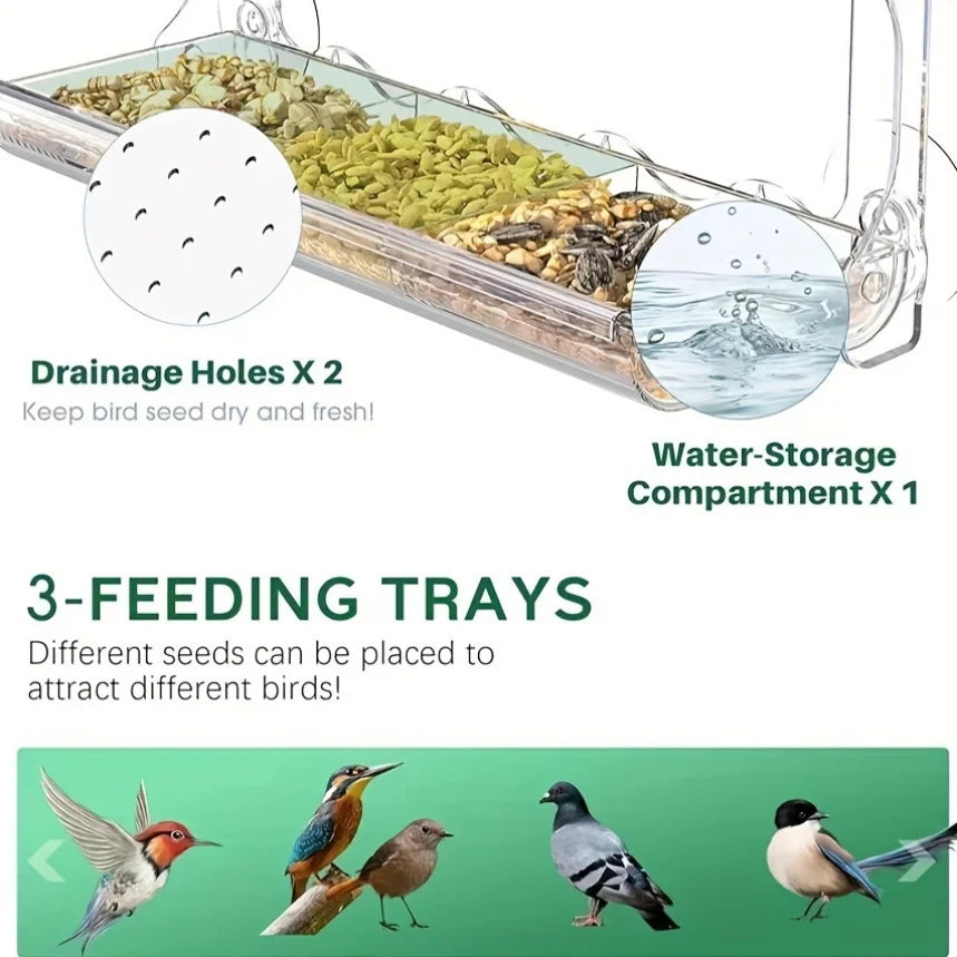 Large Window Bird Feeder with Removable Seed & Water Tray, for Wild Birds with 4 Super Strong Adhesive Hooks