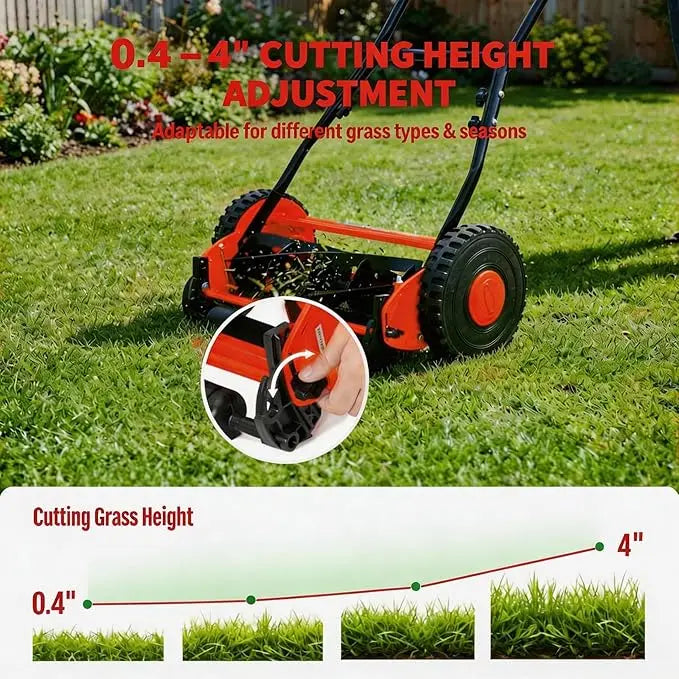 16" Push Lawn Mower, Manual Hand Push Lawn Mower Without Grass Catcher, Red Portable Walk-Behind Mower for Yards, Garden
