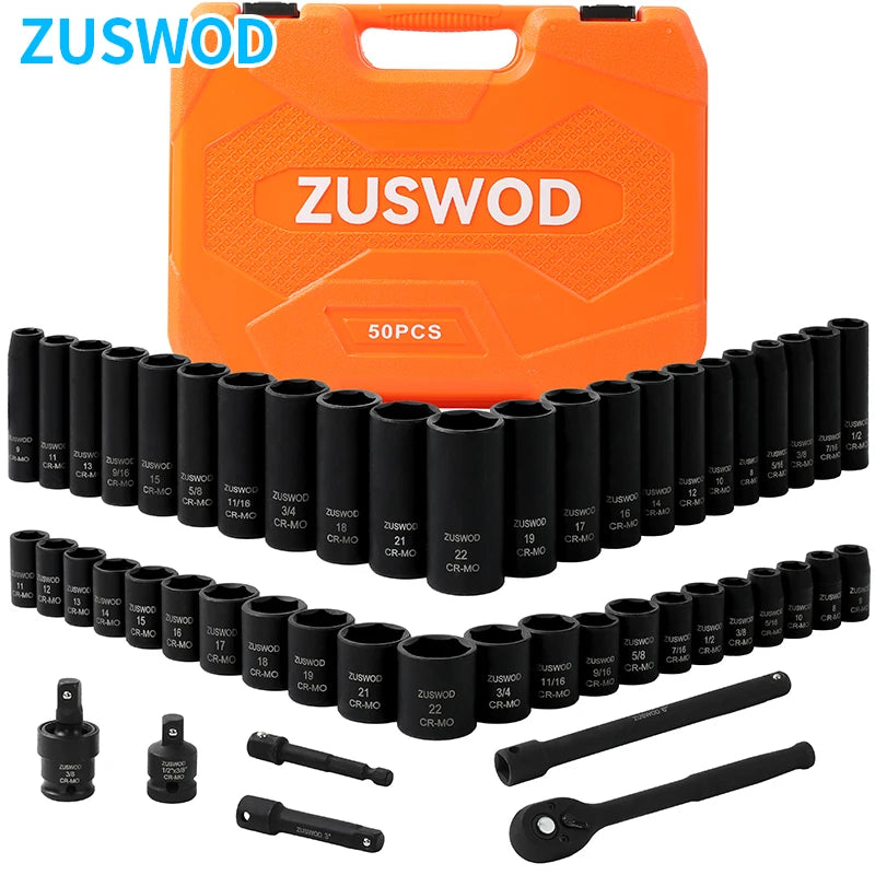 Zuswod Ratchet wrench impact socket tool set, 3/8-inch drive impact  Socket tool set, CR-V material, high-end professional car repair tool set, one-stop solution for home car, motorcycle, bicycle and other repair projects, pr
