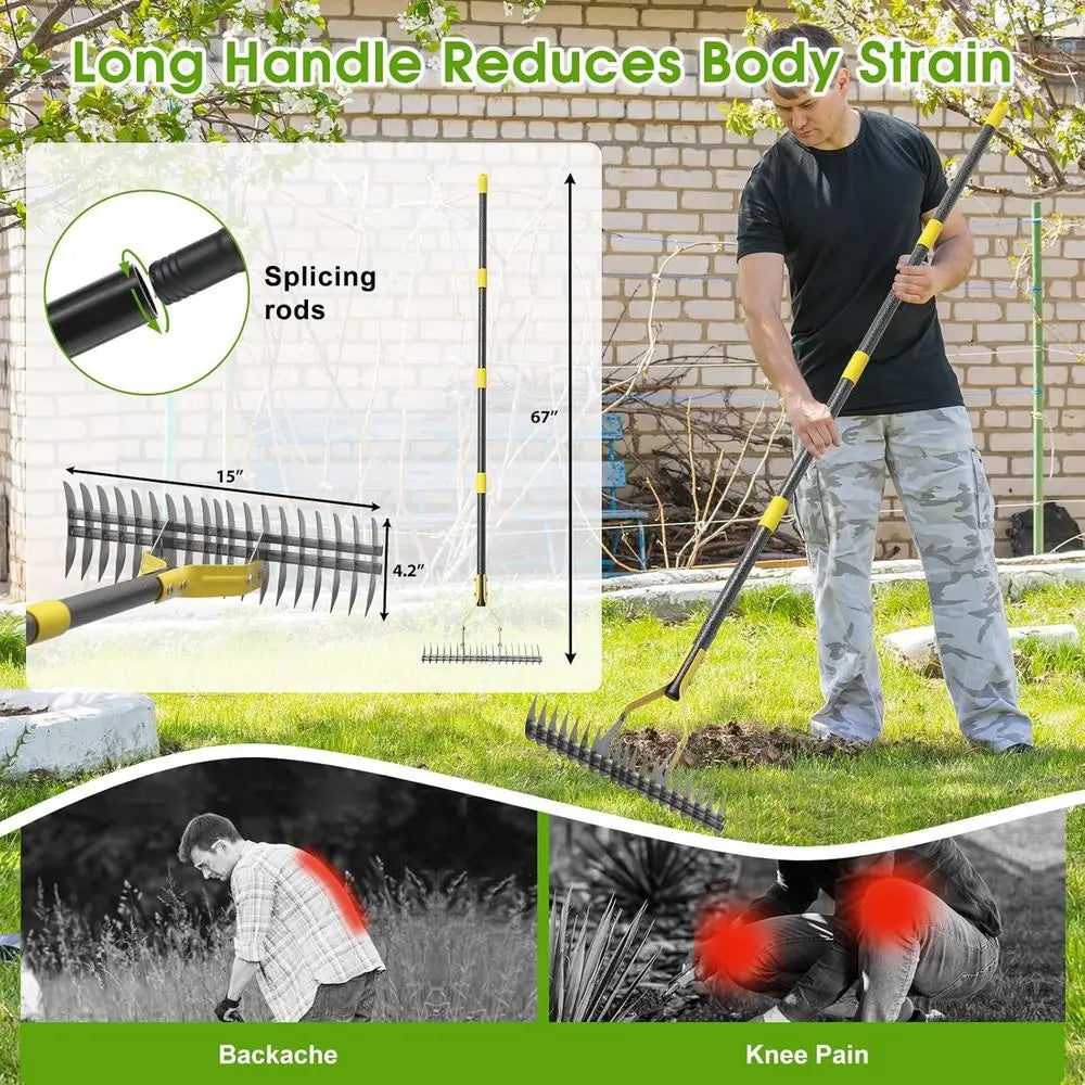 Heavy-Duty 5.5T Metal Leaf Rake with Adjustable Long Handle, 19-Tine, 15 Wide for Lawn and Garden Maintenance