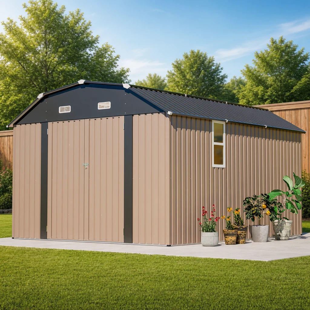 10' x 12' Metal Outdoor Storage Shed with Floor Frame Kit Tool Shed Heavy Duty, Floor Not Included