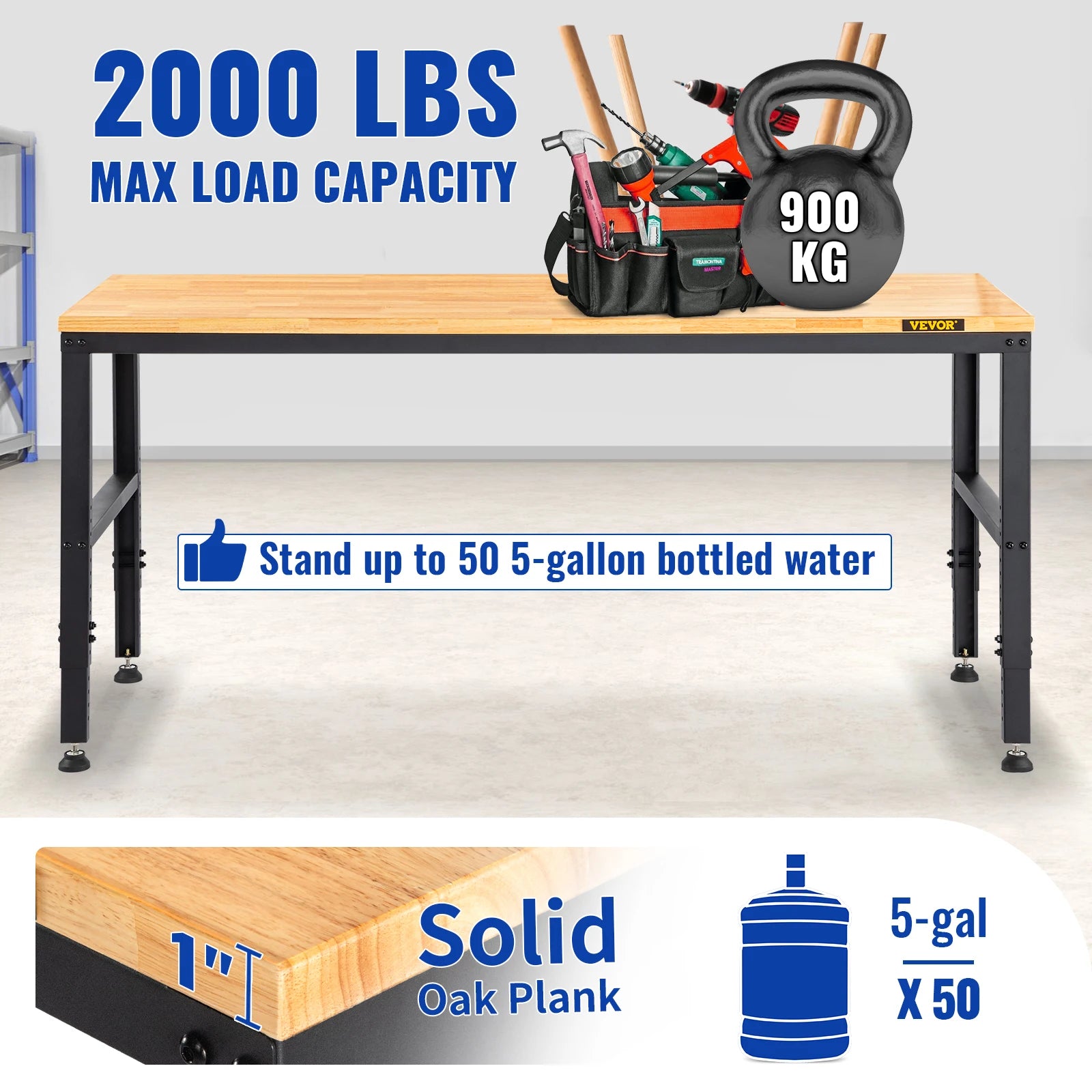 SucceBuy 72cm Woodworking Workbench, Adjustable Height Oak Wood Hardwood Top Worktable, 900KG Capacity for Office Home Workshop