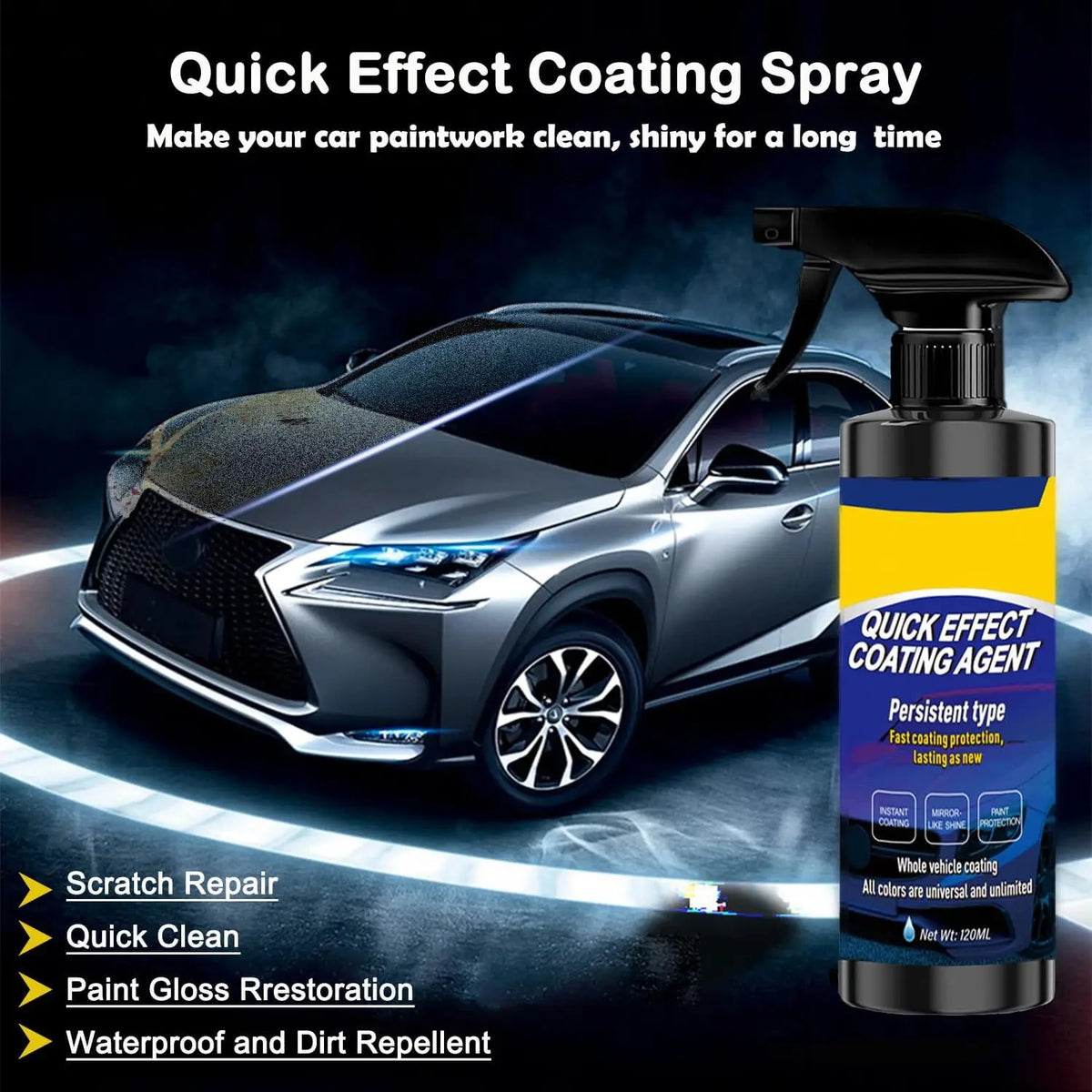 120ML New Car Multifunctional Quick Effect Coating Agent Spray 3 in 1 High Protection Quickly Coat Car Wax Auto Scratch Wax Polish Spray Waterless Wash