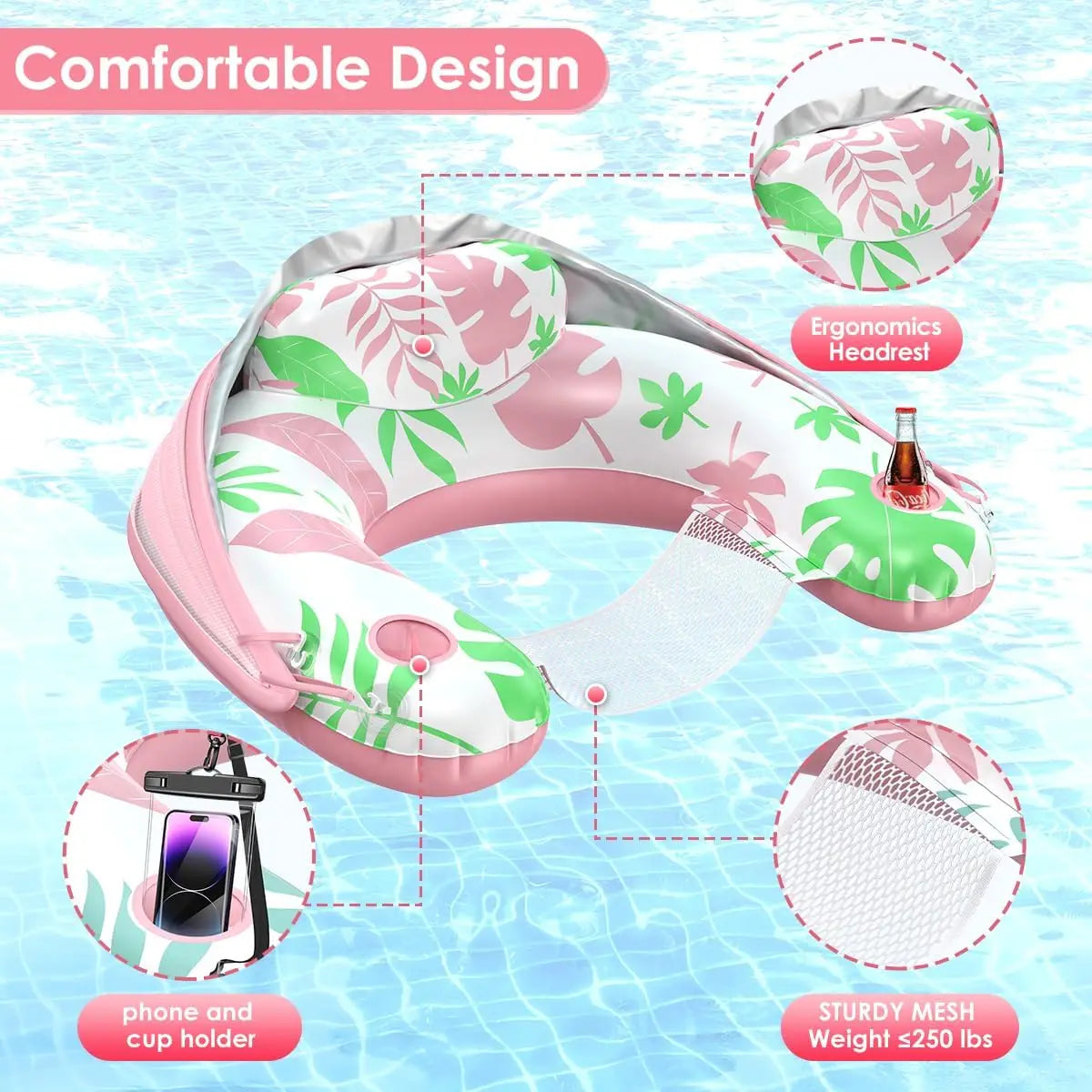 Pool Floats Adult with Adjustable Canopy, Inflatable Pool Float Chair with Cup and Drink Holder, Sunshade UPF50+, for Pool Beach