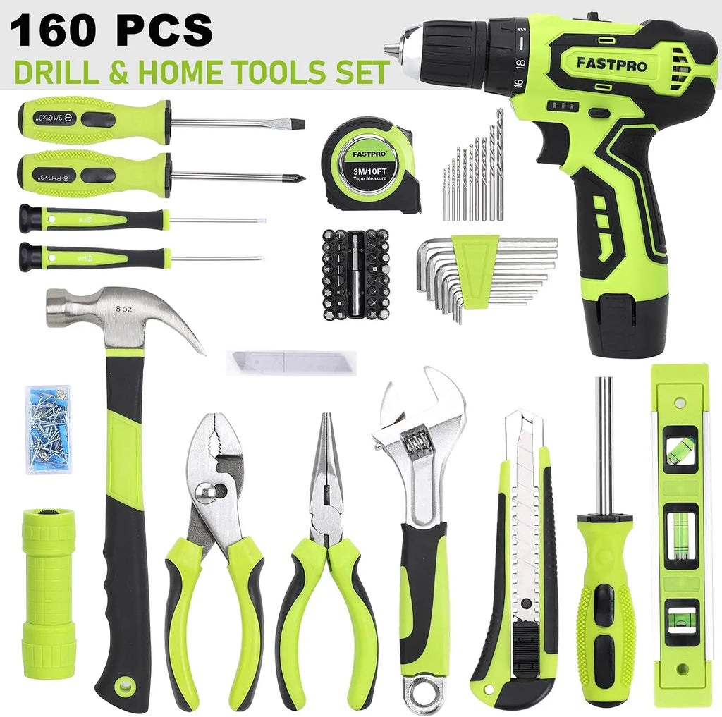12V Cordless Drill Set, Home Tool Kit with Tool Box, Green - 19+1 Clutch, 2-Speed