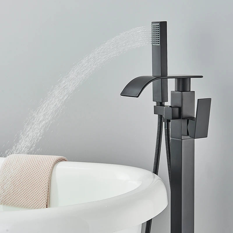Floor Standing Bathtub Tap With Hand Shower, Hot And Cold Mixer