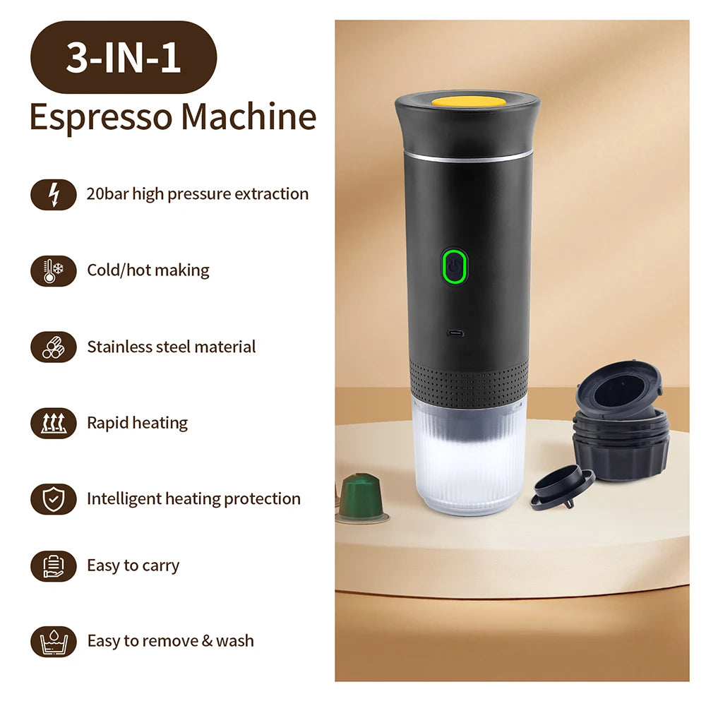 Obecile Portable Wireless Electric Espresso Coffee Machine For Travel &Car &Home Camping Coffee Maker 3-in-1 Capsule Powder Coffee Maker